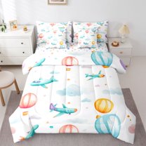 Homewish Cartoon Helicopter Print Twin Bedding Sets 7-Piece, Dreamy Stars Galaxy Bedding Comforter Set, Teens Kids Boys Girls Reversible Sheet Sets, Ultra Soft Bedroom Decor