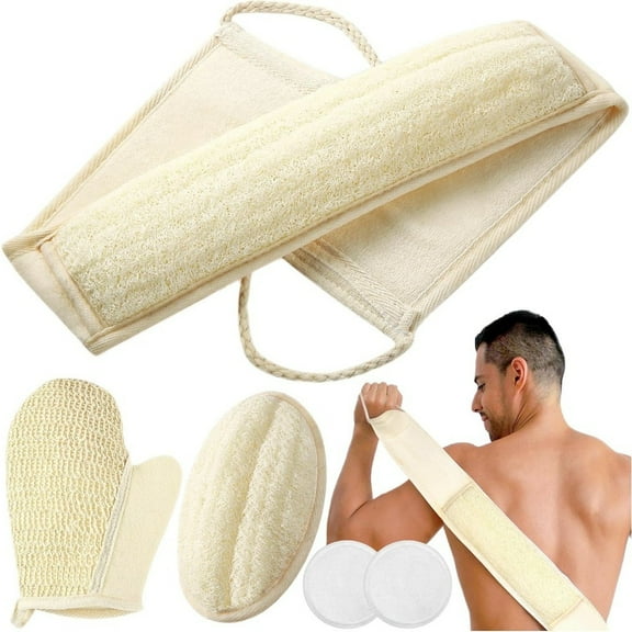 5-Pack Natural Loofah Sponge Set, Exfoliating Back Scrubber & Body Pads & Glove for Deep Cleansing, Complete Bath & Shower Kit for Men and Women