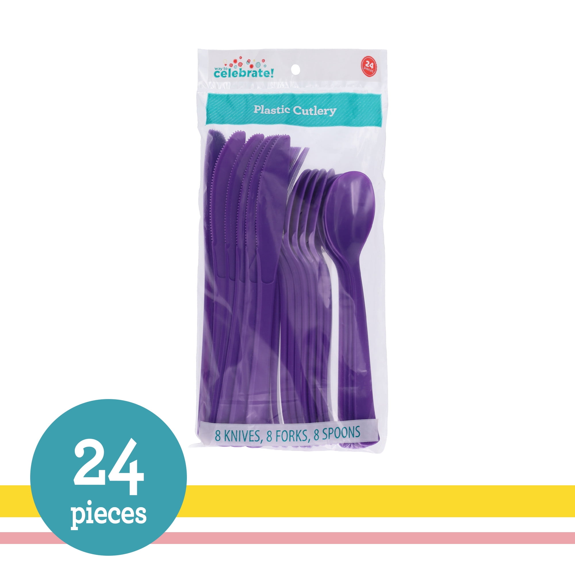 Plastic Disposable Cutlery Set, Purple, 24 Pieces, by Way To Celebrate