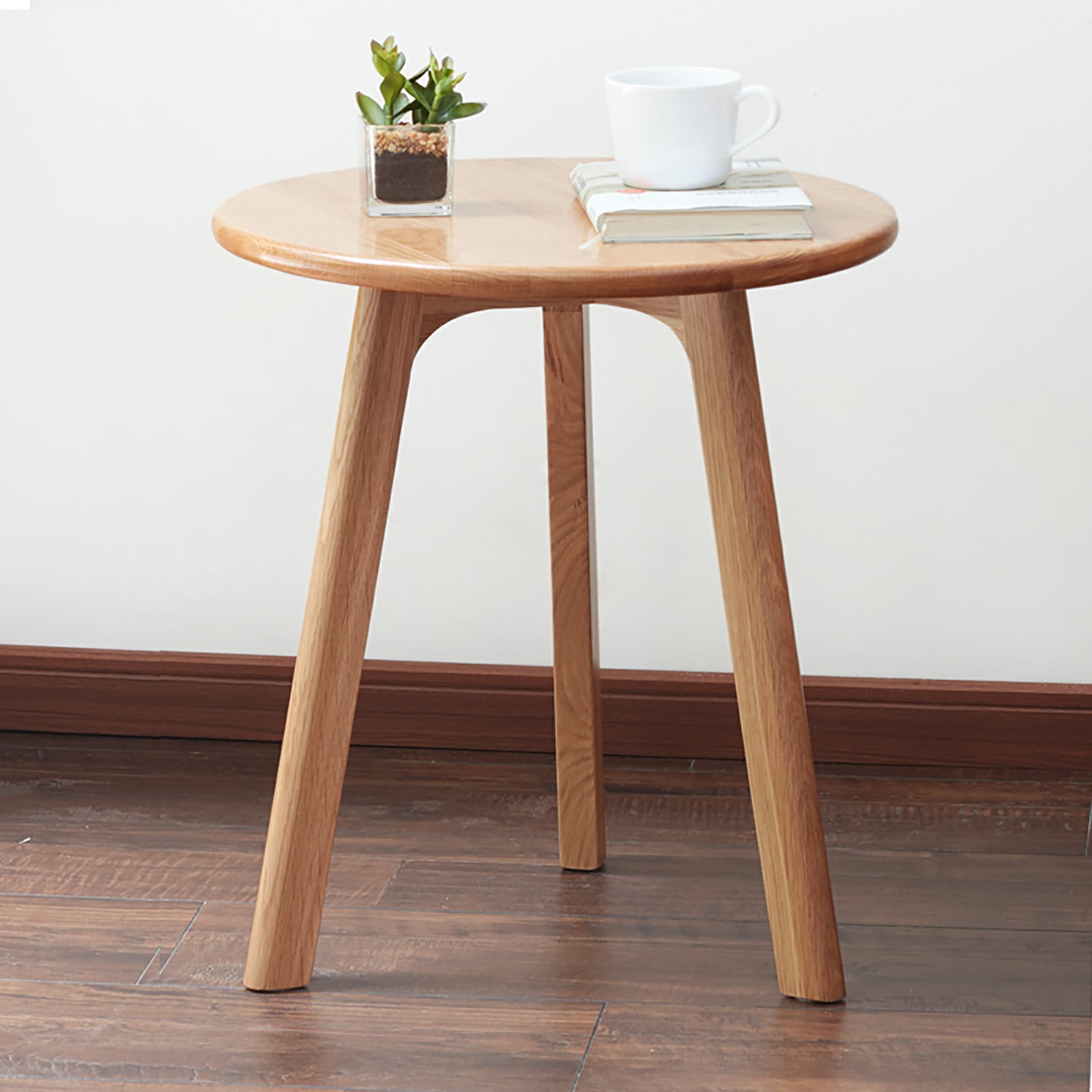 Solid Oak Wood Round Side Table, Minimalist 3-Leg End Table, Multi-Purpose Nightstand Coffee Table Easy to Assemble for Living Room Bedroom Balcony
