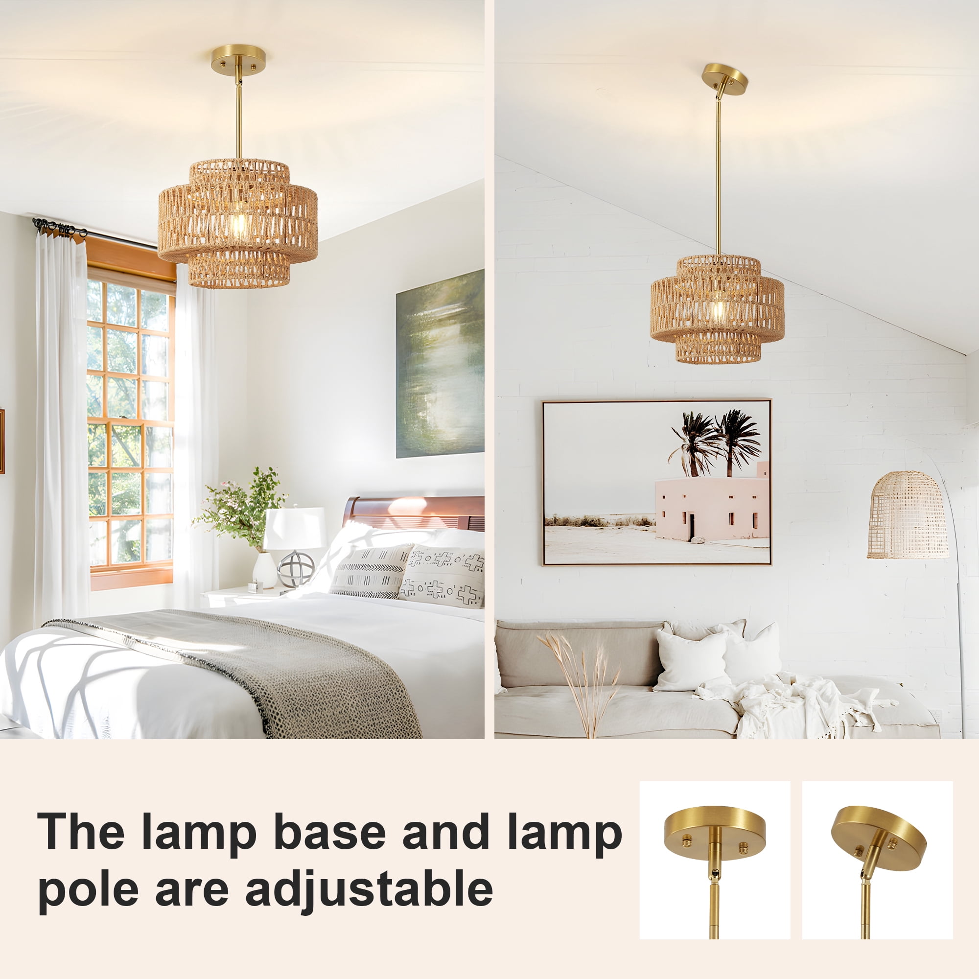 Leumius 12.6" Boho Rattan Chandelier Light Fixture, Hand Woven Pendant Light Fixture Farmhouse Rustic Hanging Lamp for Kitchen Island Bedroom, Dining Room, Living Room, Entryway, Foyer
