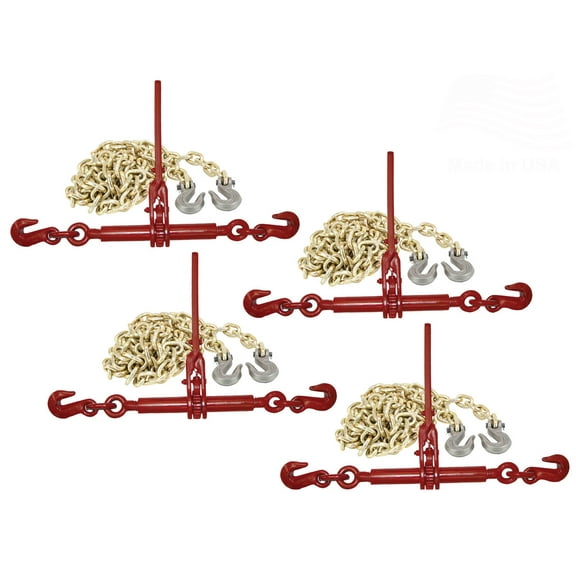 Mytee Products Chain and Ratchet Load Binder Kit | (4) 5/16 - 3/8" G70 G80 Load Binders & (4) 3/8" x 20' G70 Chains w/ Grab Hooks | 6600 lbs Safe load Limit for Truck & Flatbed Trailer | Made in USA