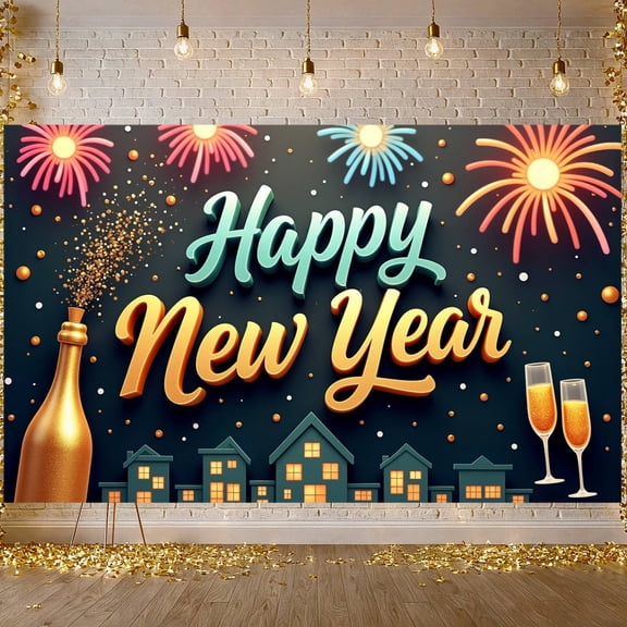 Festive Theme Happy New Year Banner Gold Glitter New Year Display Firework Design Champagne Elements Festive Backdrop for New Year Party Holiday Celebration Indoor Decoration