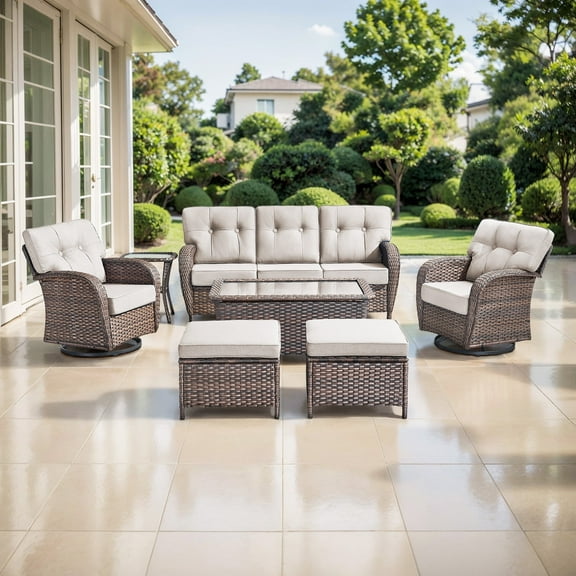 POCASSY Outdoor Patio Furniture Set with 5" Thick Cushions, Brown Wicker 7 Piece Patio Furniture Set with Swivel Gliding Rocker Chair, Sofa Couch, Ottoman, Coffee Table and Side Table, Beige Cushion