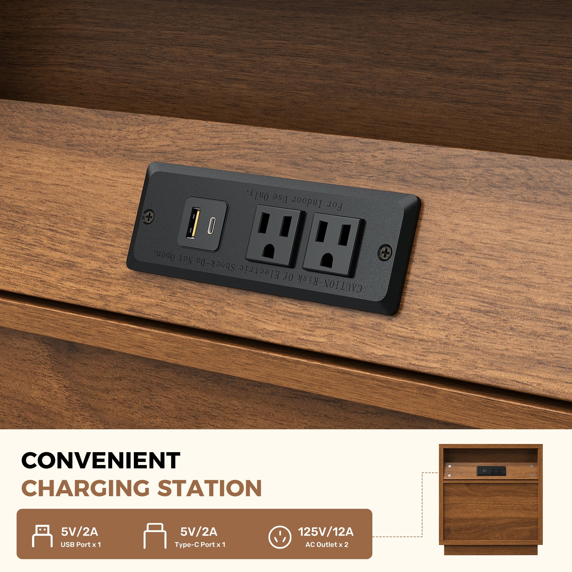 MOONMISS Wooden Nightstand Set of 2,with Drawer,USB Charging and LED Light,Walnut