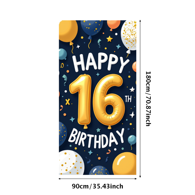 Blue Backdrop Happy 16th Birthday Banner with Balloons Stars and Hearts Party Decors Photography Props for Birthday Party Celebration Photo Booth Setup