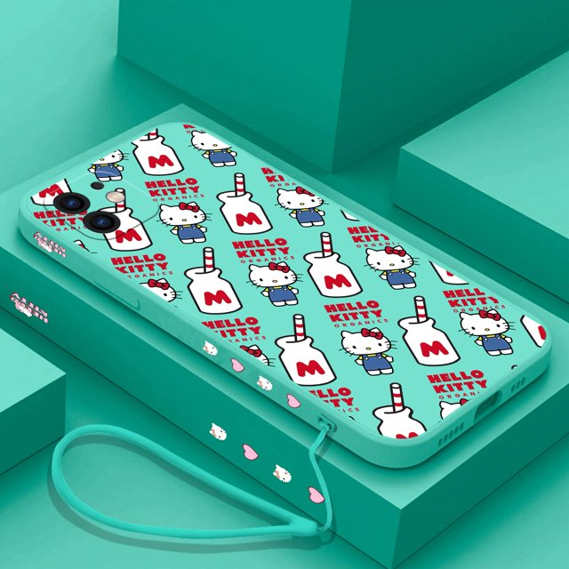Funny Sanrio Hello Kitty Phone Case For iPhone 15 14 13 12 11 Pro Max Mini X XR XS MAX SE20 8 7 Plus Silicone with Hand Strap RJ