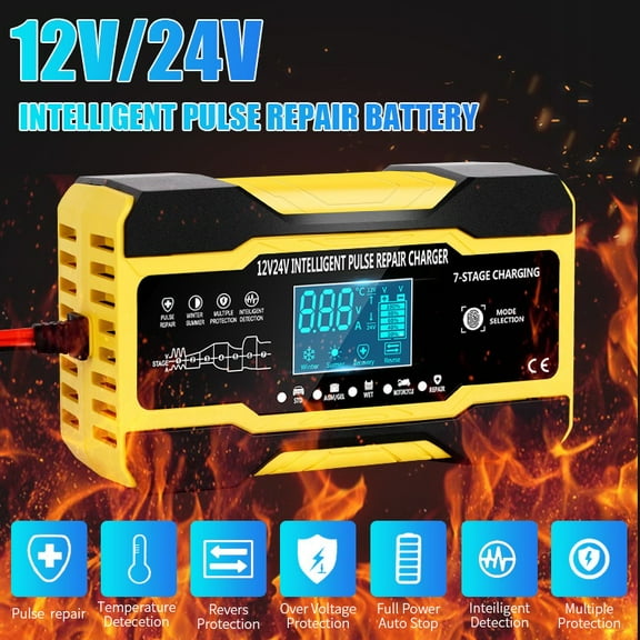 Car Battery Charger 12V 24V Smart Trickle Charger Pulse Repair Automatic Battery Maintainer for Truck SUV Motorcycle AGM Gel