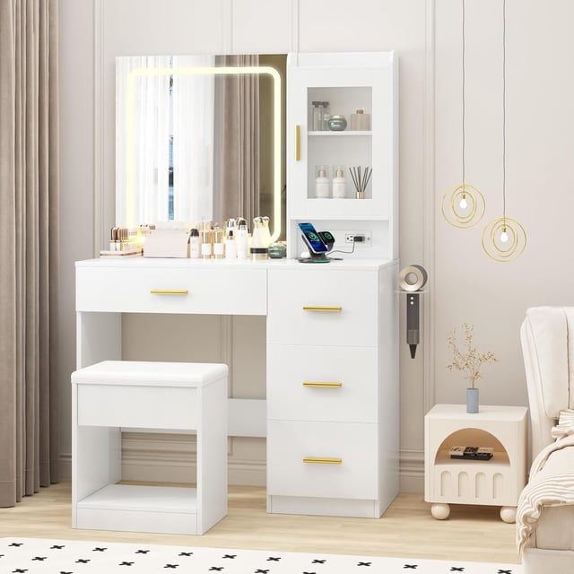 Modern Vanity Desk with Mirror and LED Lights – 3-Color Adjustable Lighting, 4 Drawers, Built-In Outlets, Hair Dryer Holder, Storage Stool – Bedroom Makeup Dressing Table