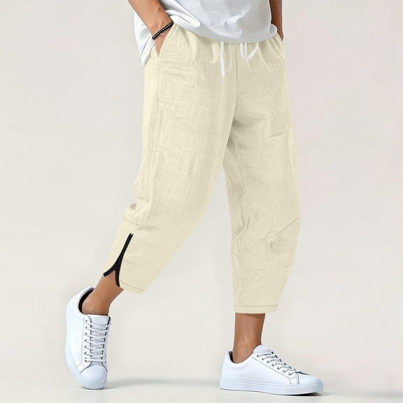 Dolkfu Drawstring Men's Pants Comfy Capri Ankle Zipper Cropped Men Trousers L