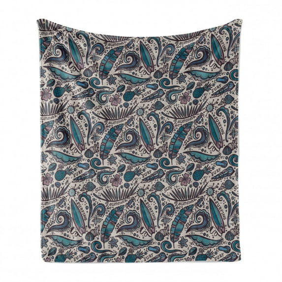 Surfboard Soft Flannel Fleece Blanket, Having Fun at Exotic Waters Tropical Beach Elements Shells Hibiscus Flowers, Cozy Plush for Indoor and Outdoor Use, 60" x 80", Tan Teal Mauve, by Ambesonne