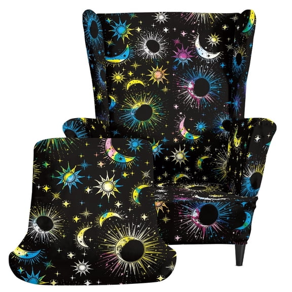HELLHERO Stretch Polyester 2-Piece Wing Chair Slipcovers for Bedroom, Soft Removable Wingback Chair Cover, Glamorous Astrology Theme