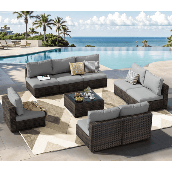 Grezone 9 Stainless Steel Weatherproof Outdoor Conversation Sets with Sofas and Table, Gray