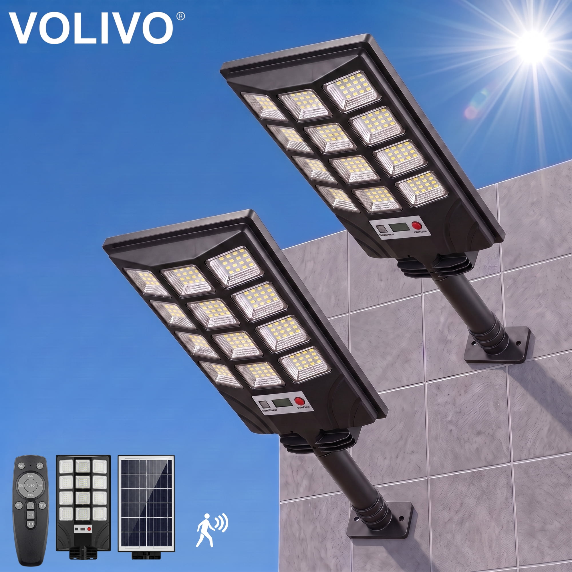 VOLIVO Outdoor Solar Street Lights 192Leds 2packs, 6500K Highlight Flood Lights with Motion Sensor, Remote Control, Waterproof Lights for Parking Lot, Yard, Porch