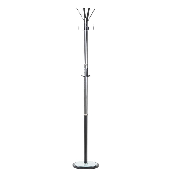 HAOG Freestanding Chrome and Black Coat Rack with 12 Black Steel Hooks and Tempered Glass Base