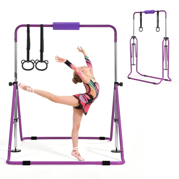 KFFKFF Gymnastic Bars for Kids, 140 lbs Capacity Folding Training Kip Bar, Adjustable Height Horizontal Bar for Home Use, Indoor and Outdoor Training Equipment, Easy Assembly, Purple