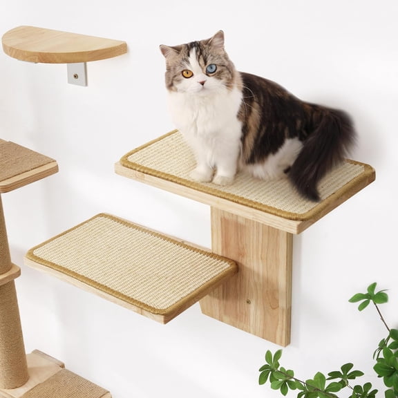 Cat Wall Shelves, 2 Platform Kitten Wall Furniture, Tree Shape Wall-Mounted Floating Shelf with Sisal Mat, Solid Rubber Wood Cats Perch for 16 Inch Drywall, Suitable for Climb, Play, Nap