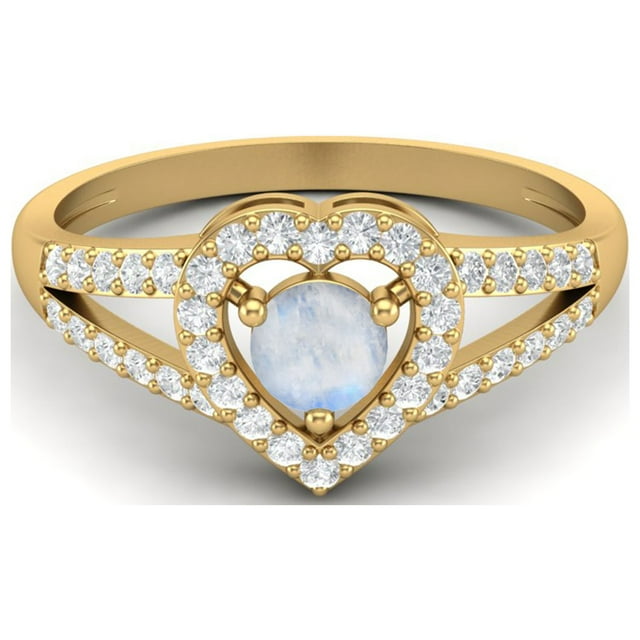 1.05 Cts Rond Pierre de Lune Forme de Coeur 925 Argent Sterling Vermeil Split Shamk Femmes Anneau de Mariage