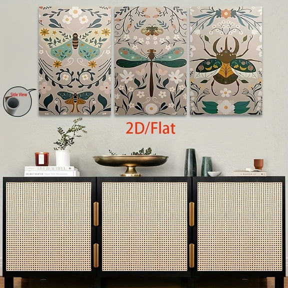 2D Flat, [JIT]3pcs/set, 2D Flat canvas paintings- frameless, Dragonfly and Floral Wall Art Decoration for Home Aesthetic Upgrade Posters and prints, Halloween gifts, Christmas gifts, home decor, hol