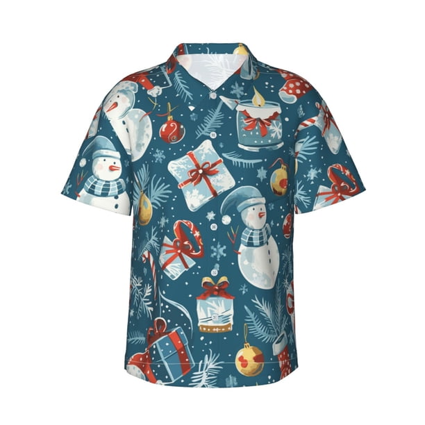 Balery Christmas Snowman Gift Camisas hawaianas de manga corta para hombre, camisas playeras de corte holgado, camisas de vacaciones con botones,Large