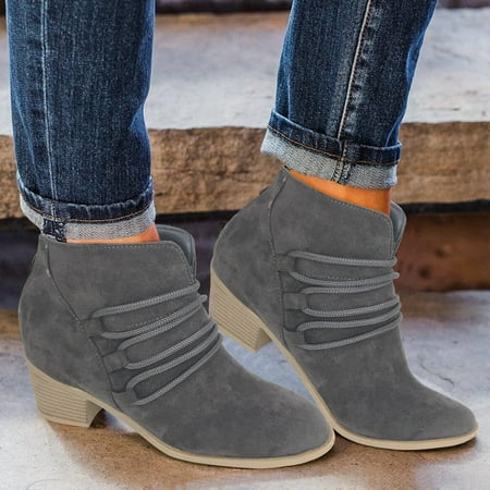 

Gubotare Hiking Boots Women Womens Cut Out Ankle Boots Stacked Heel Almond Toe Slip on Western Booties Gray 8.5