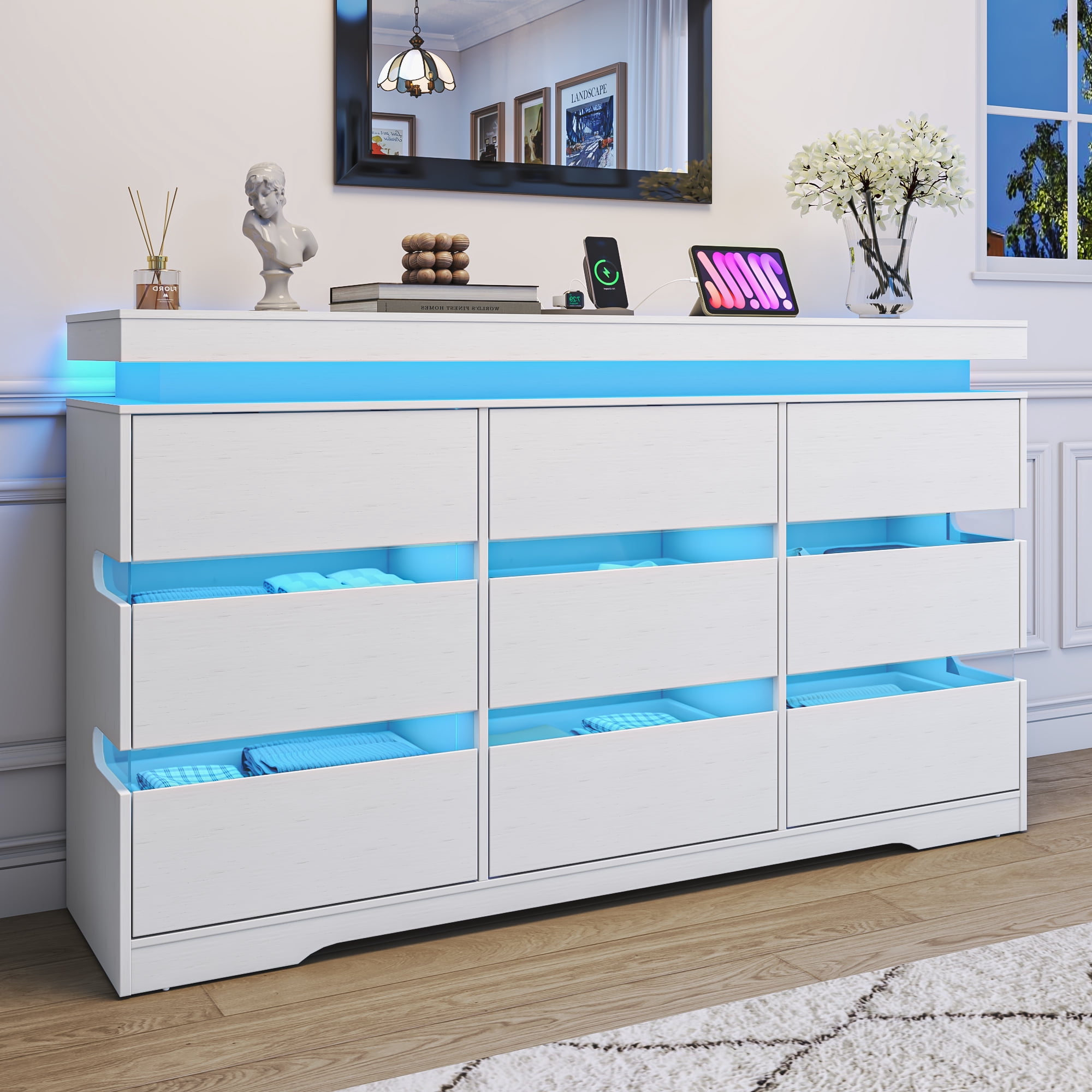 ANPOO 9 Drawer Dresser for Bedroom, 63 Inch Dresser with LED Lights and Charging Station, Wide Chest of Drawers with Large Storage, Bedroom Closet Organizer Cabinet for Living Room Entryway, White