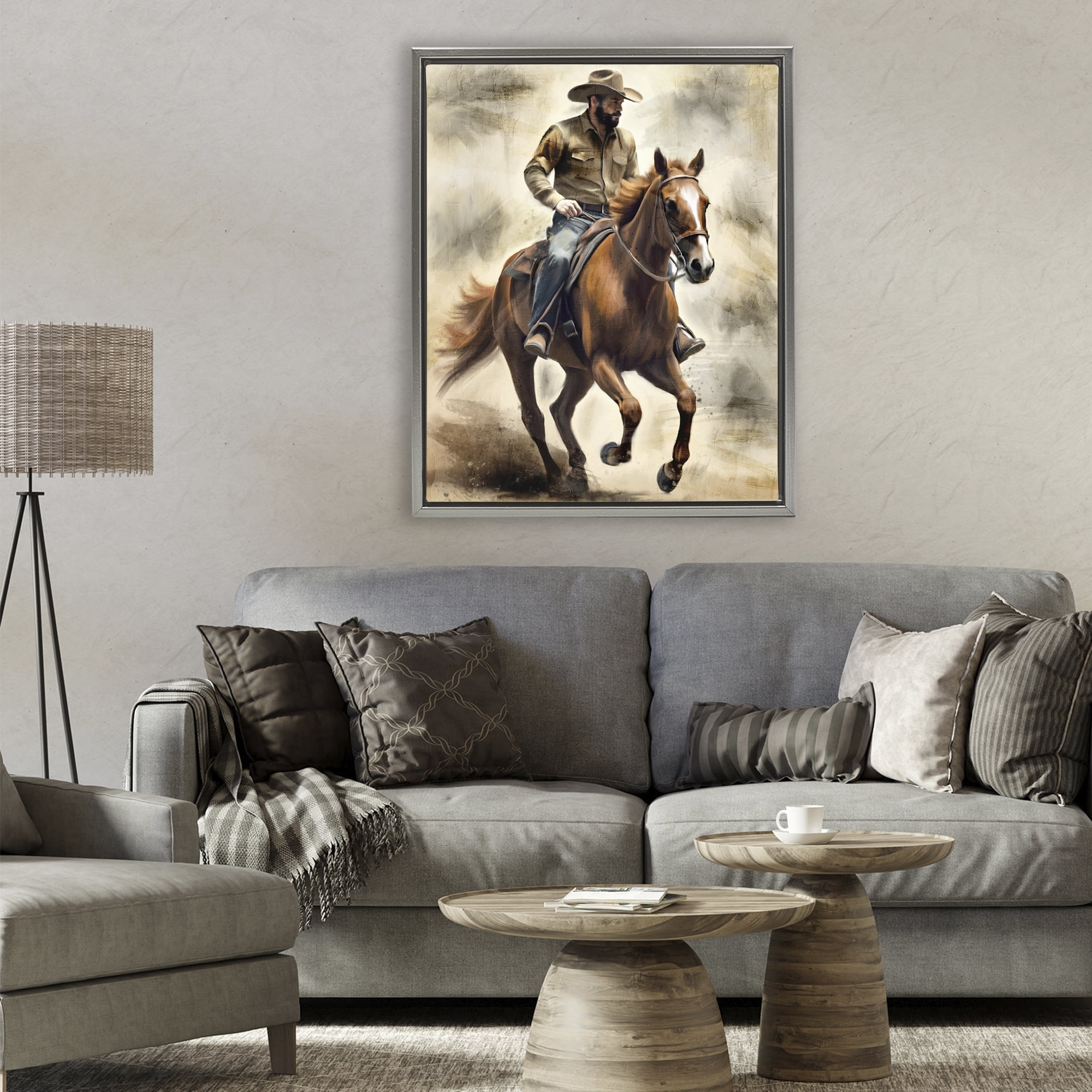 Stupell Industries Gallop Horse & Cowboy Gray Framed Floater Canvas Wall Art, design by Kim Allen