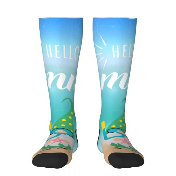 Fotbe Hello Summer Gnome 1 Calcetas Divertidas Estampadas para Hombre y Mujer, Calcetas de Algodón hasta la Rodilla para Caminar, Correr, Enfermería y Embarazo