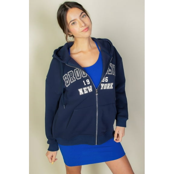 Graphic Drop Shoulder Zipper Up Hoodie