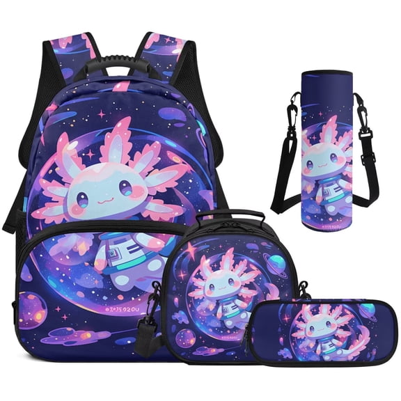 Bulopur Girls 17 Inch Backpack Set 4 Piece Galaxy Space Axolotl Print School Bookbag with Lunch Box, Water Bottle Holder and Pencil Case for Elementary Students