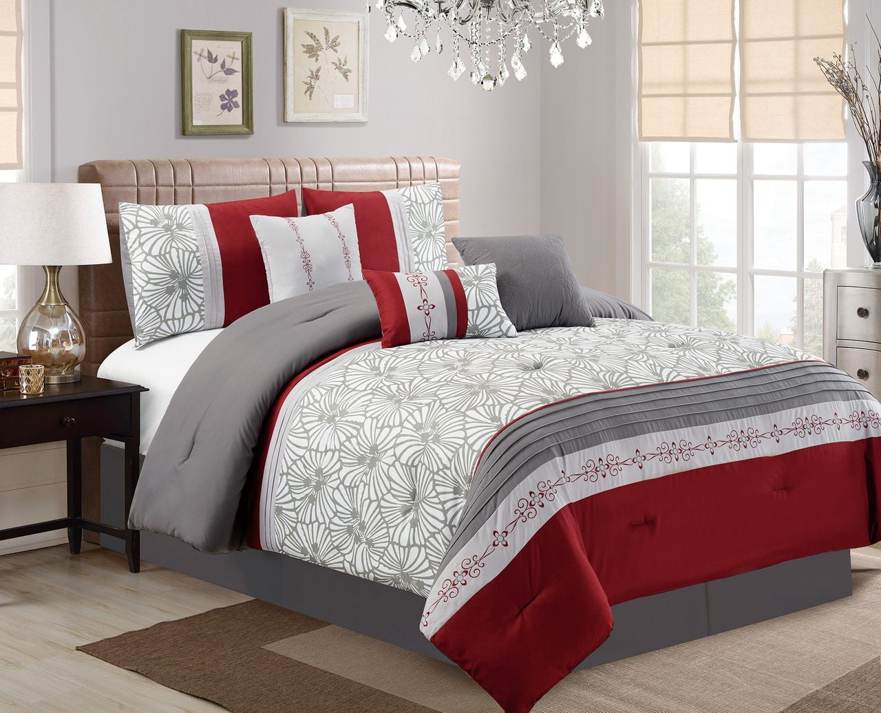 11 Piece Flora Print Burgundy Gray Ivory Bed In A Bag Set Walmart Com