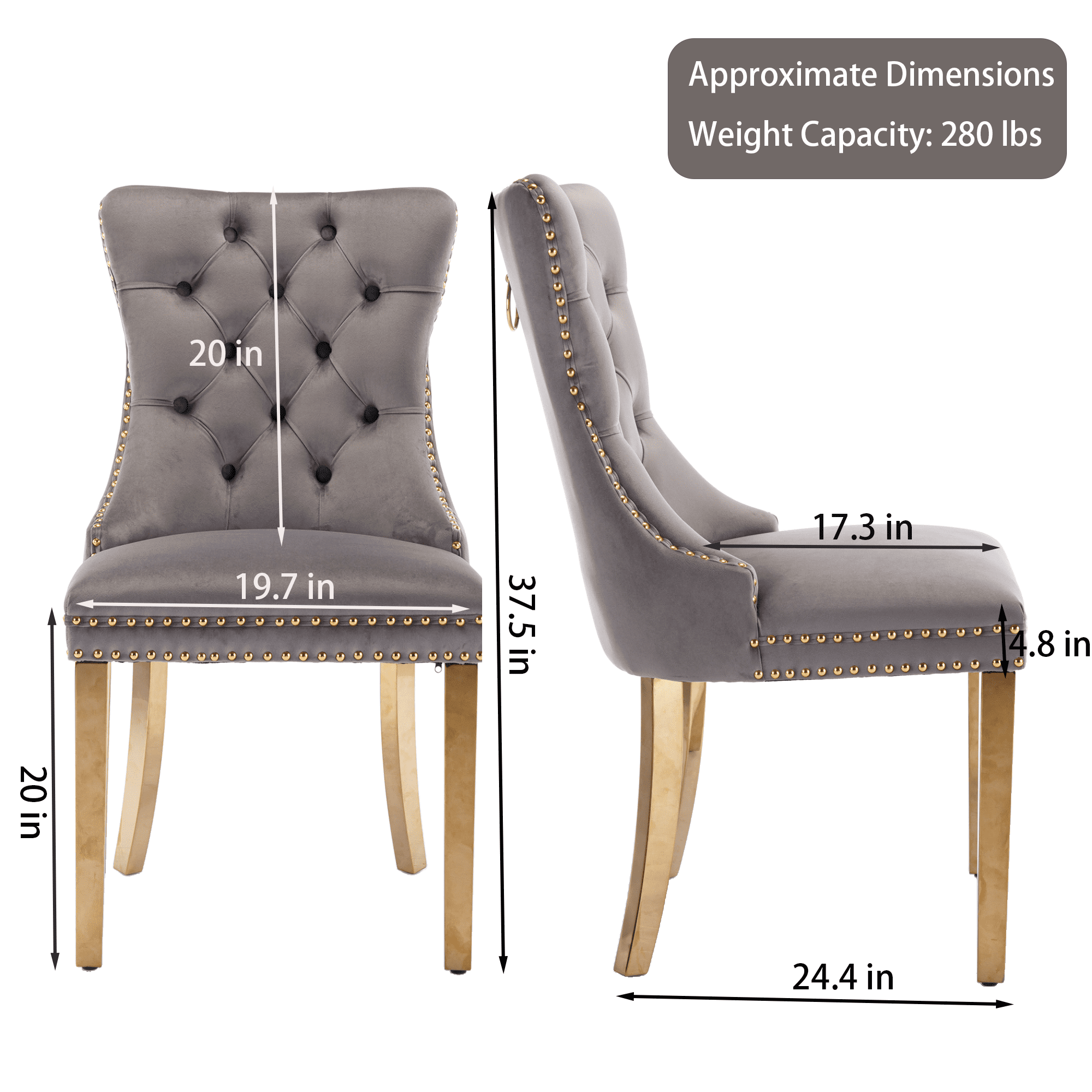 Dining Chairs, Accent Diner Chairs with Nailhead Trim and Back Ring Pull, Velvet Fabric Dining Room Chairs, Side Chair Kitchen Chairs with Golden Stainless Steel Plating Legs (Set of 4)