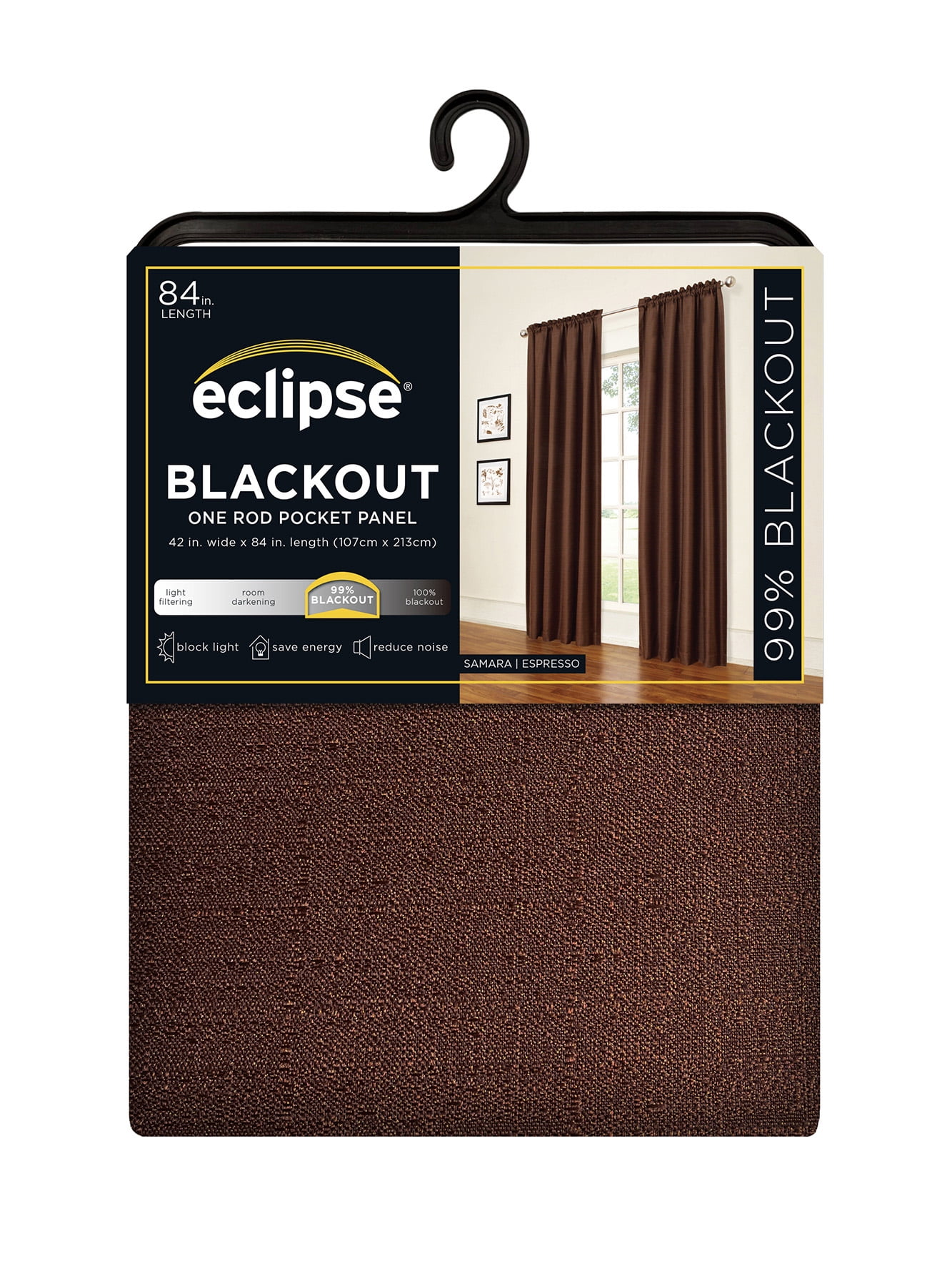 Eclipse Samara Solid Blackout Curtains, Single Curtain Panel, 54 Inch Long Blackout Curtains, 37" W x 54" L, Espresso