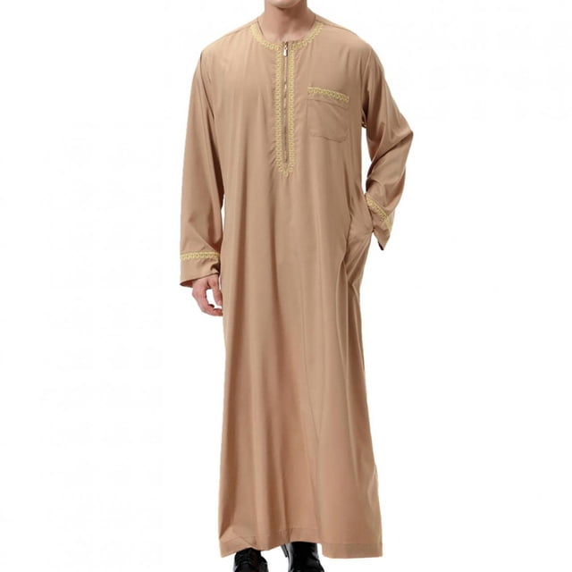 DPTALR Men's Muslim Robe Arab Middle Robe Long Style Long Sleeve Embroidered Standing Neck Pocket Long Shirt Casual Robe