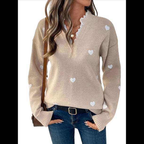 Suéter con Estampado de Corazones para Mujer: Cuello en V, Ribete de Encaje, Jersey de Punto Caqui S