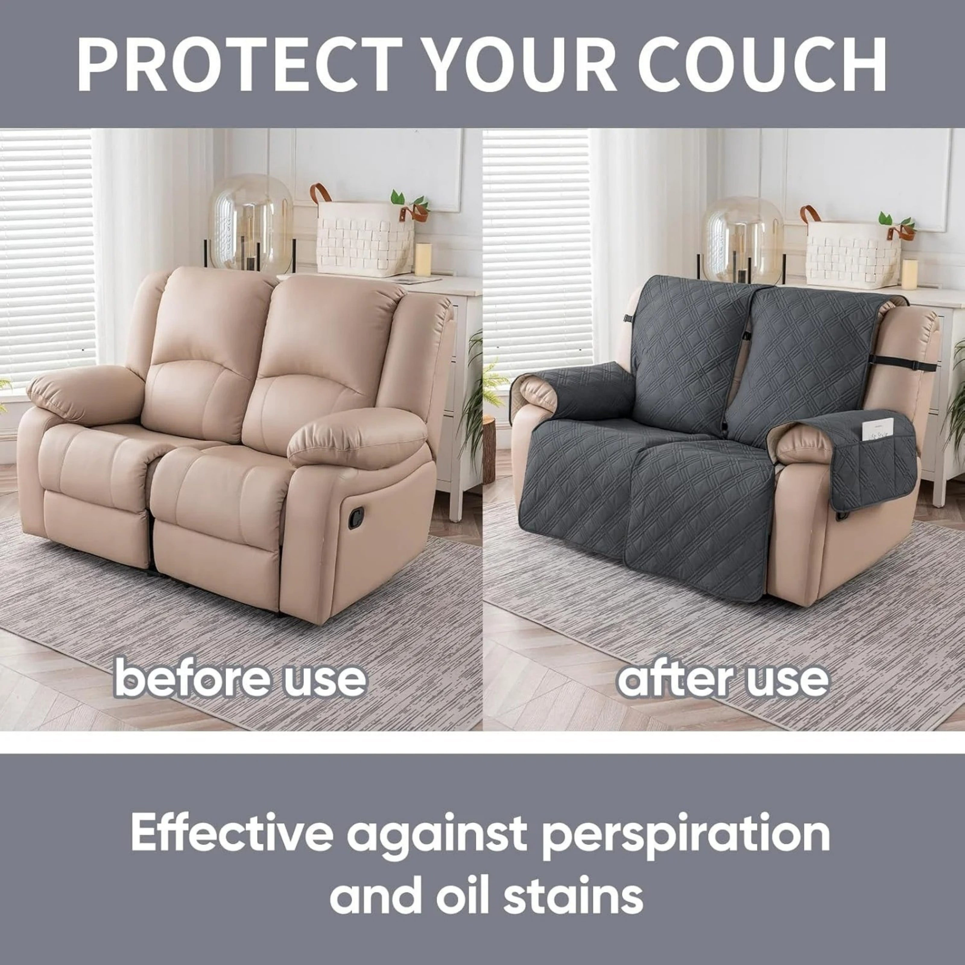 Lavish Cover 100% Waterproof Recliner Loveseat Cover, 2 Pieces Non-Slip Recliner Couch Slipcovers, Washable Furniture Protector with Pockets & Elastic Straps for Kids Pets, 2 Seaters, Light Gray