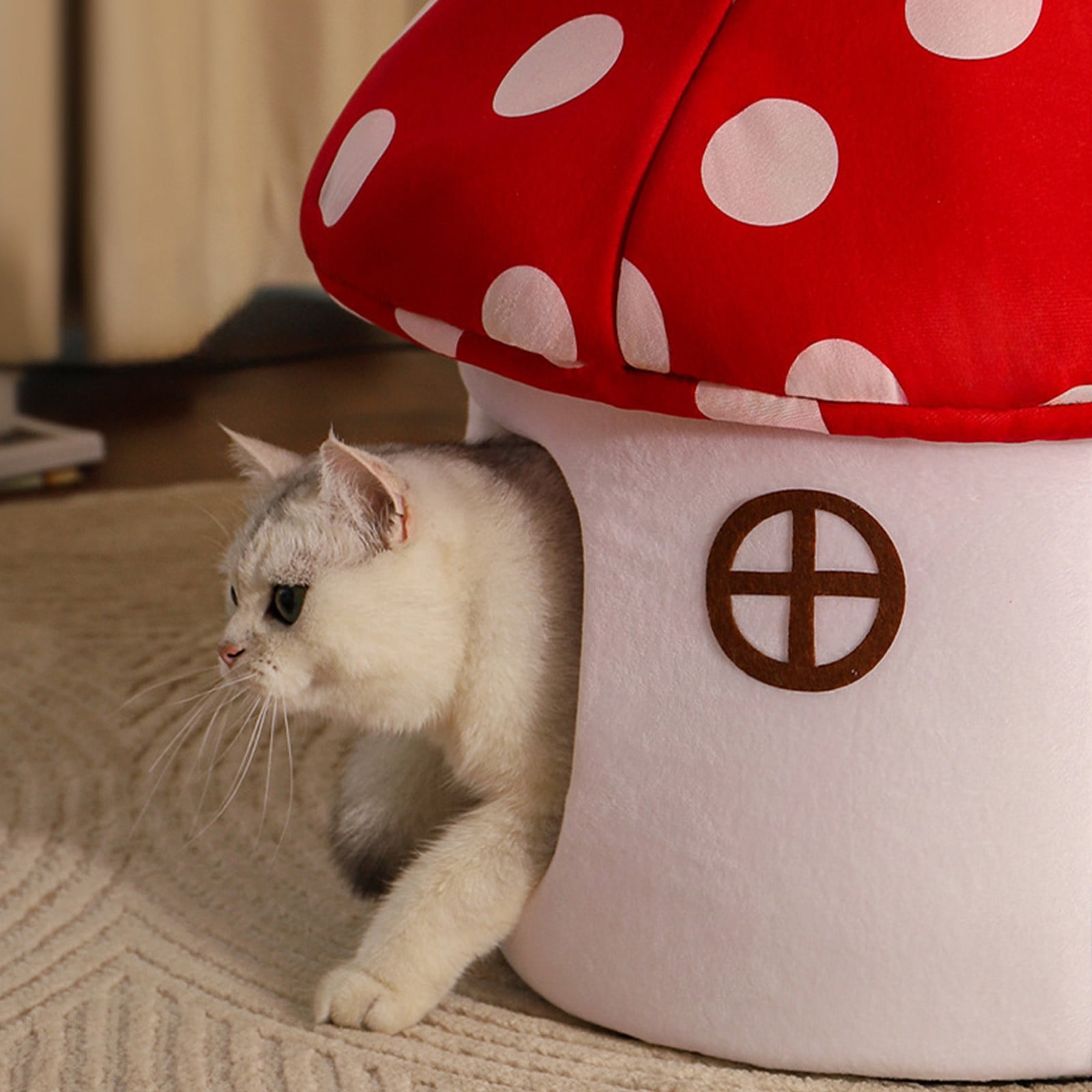 Comfortable Mushroom Cat Bed with Removable Cushion - Semi-Enclosed Cave Pet House for Indoor Cats and Small Dogs, Warm Washable Plush Den with Non-Slip Bottom, Cute Home Decor