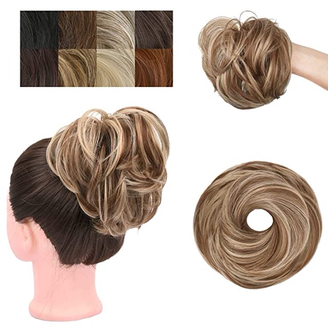 Chignons Postiche Extensions de Cheveux Synthétiques Chouchous Chignon Postiche pour Femmes Filles (Brun Rougeâtre Clair & Blond Doré Pâle Mèches -#77, Chignon Droit)