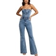 thumbnail image 2 of Women's Jeans Jumpsuit Strapless Tube Top Sleeveless High Waist Belted Wide Flare Leg Romper for Club Daily Casual Outfits, Pants for Women Blue XS, 2 of 6