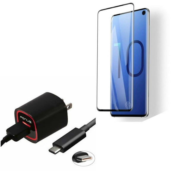 Galaxy S10  Fast 18W Home Charger w Tempered Glass Screen Protector - USB Cable 6ft TYpe-C Power, [Fingerprint Works] 3D Curved Edge Full Cover for Samsung Galaxy S10