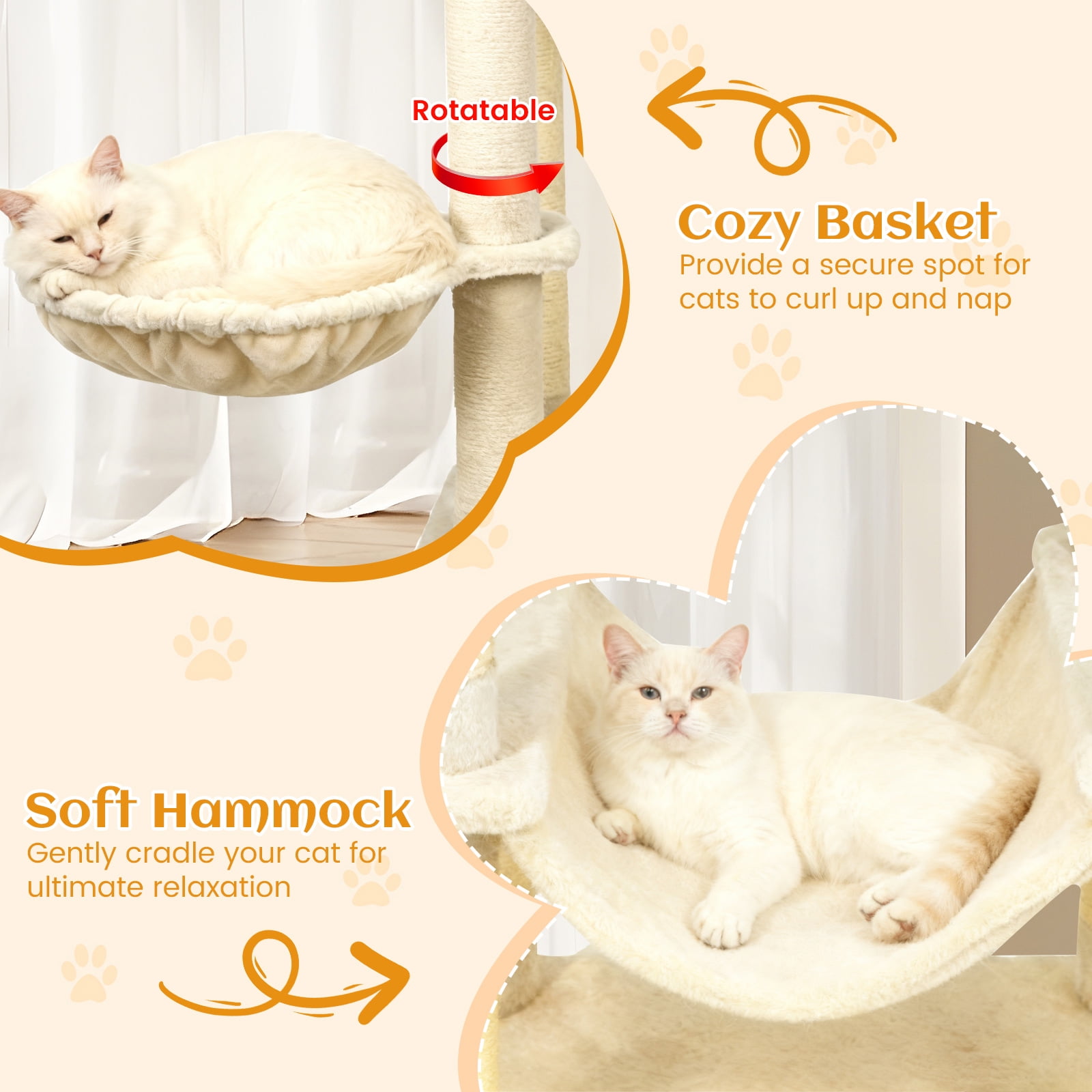 Gymax 80'' Tall Cat Tree w/2 Condos Sisal Scratching Posts Plush Perch Hammock Basket Beige