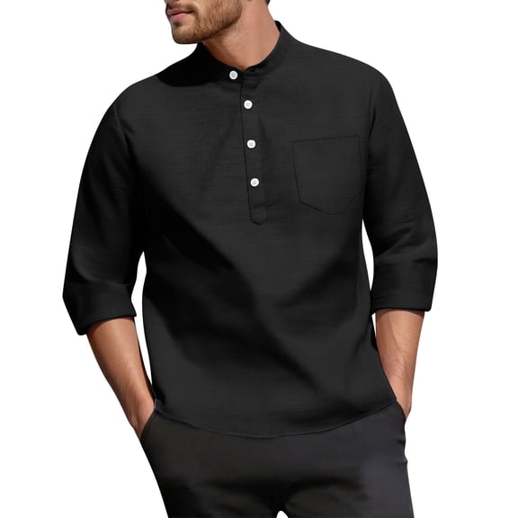 WTOBBY Men's 3/4 Sleeve Shirt Stand Collar Casual Loose Fit Pocket Breathable Solid Color Summer Resort Wear Button Front Lightweight Travel Top,Black L