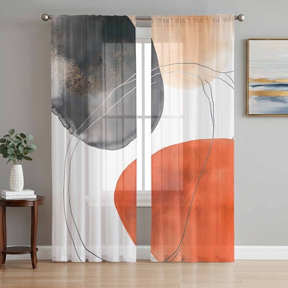 Sheer Curtains 63 Inch Length 2 Panels Set for Bedroom, Black Orange Art Semi Sheer Curtains for Windows, Geometric Modern Abstract Art Voile Window Treatments Rod Pocket Curtain