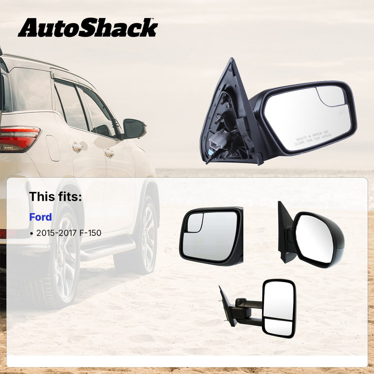 AutoShack Side View Mirror Power Heated Black for Ford, F-150 2015-2017, V6 2.7L 3.5L V8 5.0L, Driver Side