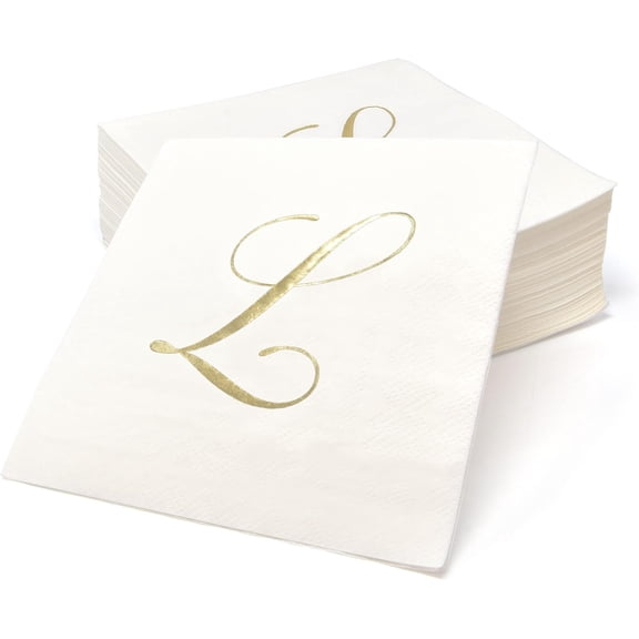Gift Boutique Monogram Cocktail Napkins Letter L, Gold Foil Disposable Paper Napkins, 100 Count, 5x5 Folded, Party, Wedding, Bathroom Guest Towels