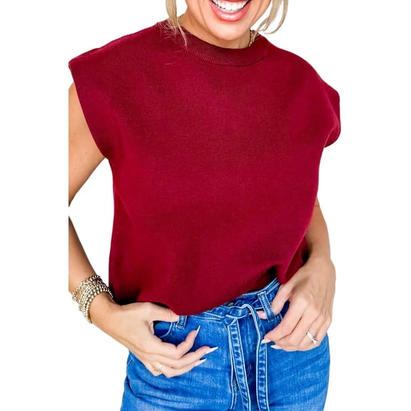 Women's Racing Red Solid Color Crew Neck Knit Cap Sleeve Sweater – Casual Daily Wear Essential, XL