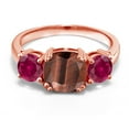 thumbnail image 2 of Gem Stone King 18K Rose Gold Plated Silver Red Tiger Eye and Red Created Ruby 3 Stone Engagement Ring for Women (4.00 Cttw, Gemstone, Cushion 8MM, Size 8), 2 of 5