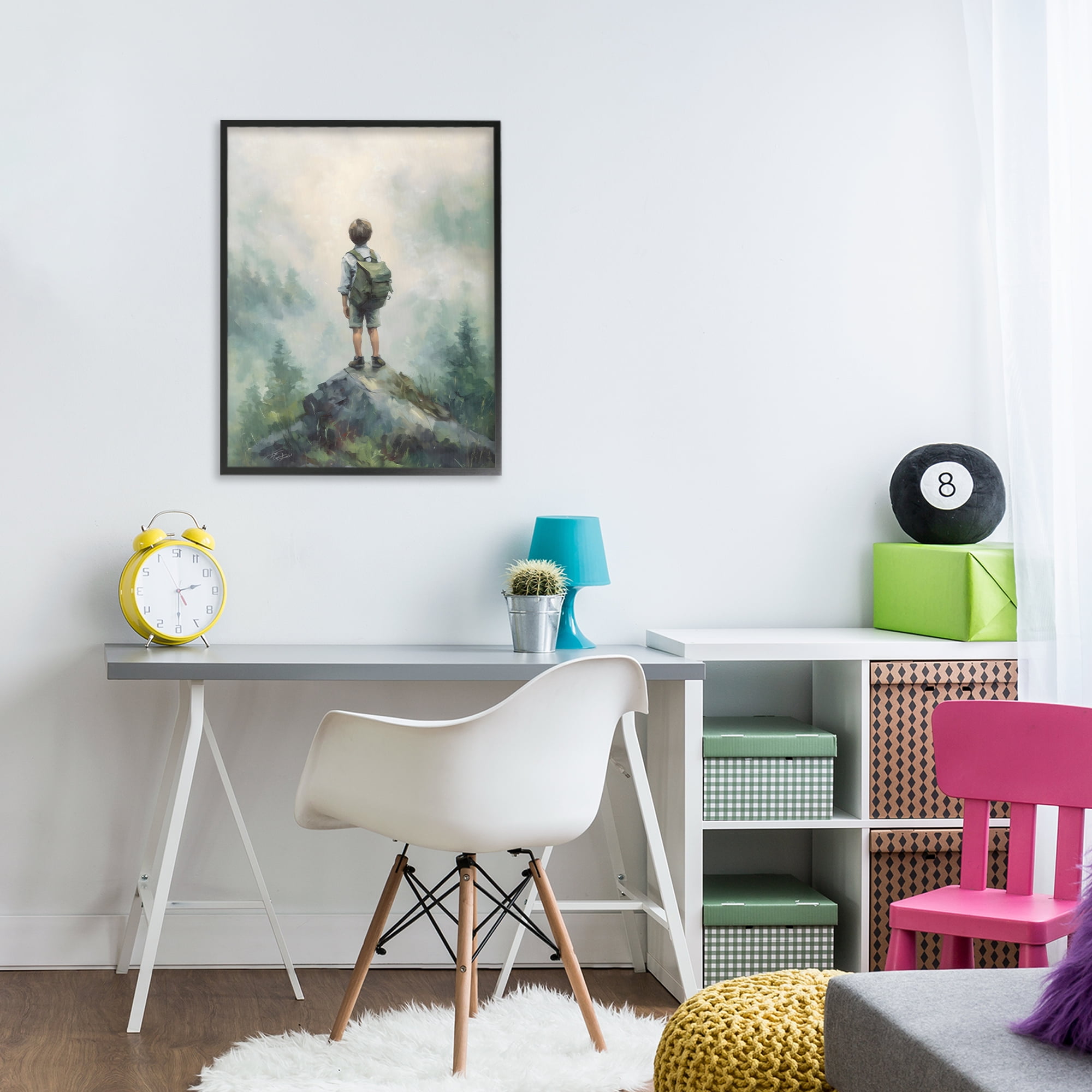 Boy Adventurer Atop Mountain Black Framed Giclee Art, design by Arlington Prints