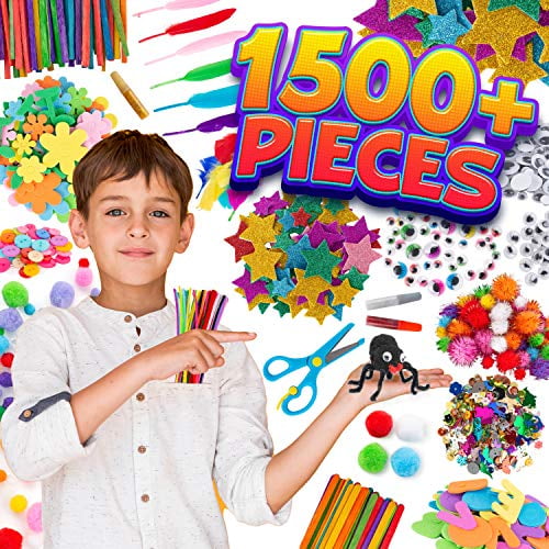 Wocuz 1600+pcs Craft Art Supply Kit for Kids Toddler Crafts Set for Easter DIY Activities School Projects Googly Eyes Pipe Cleaners Poms Feathers Buttons Glitter Glue Sequins Ages 4 5 6 7 8 9 10 12 
