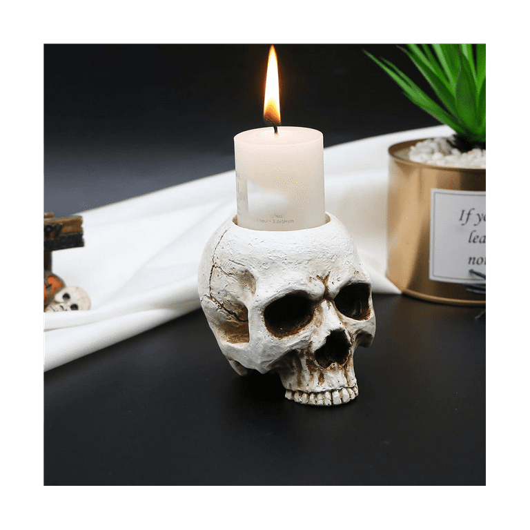 Skull Candle Holder-Gothic Shed Tears Human Skull Candle Holder Novelty  Skull Bone Candlestick Halloween White